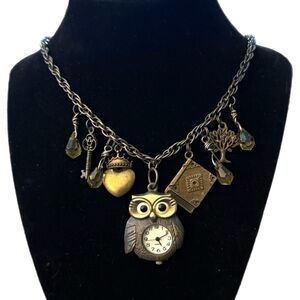 Vintage Owl Clock Pendant Charm Necklace Retro Victorian Style 22-25” Gold Tone